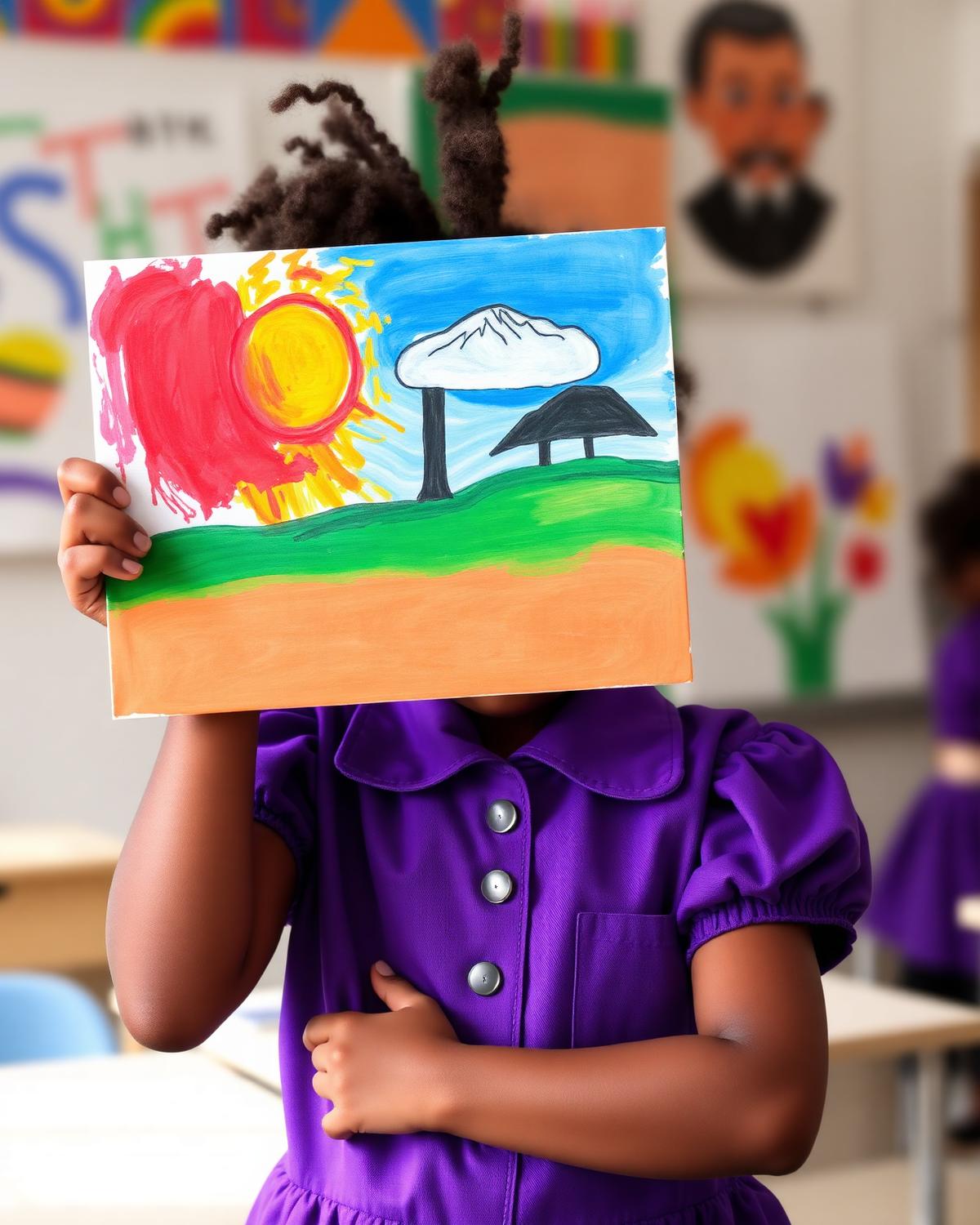 Young student proudly displays artwork